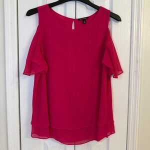 ✨Roz & Ali Cold Shoulder Top Ruffle Sleeve Keyhole‎ Blouse Pink 1X
